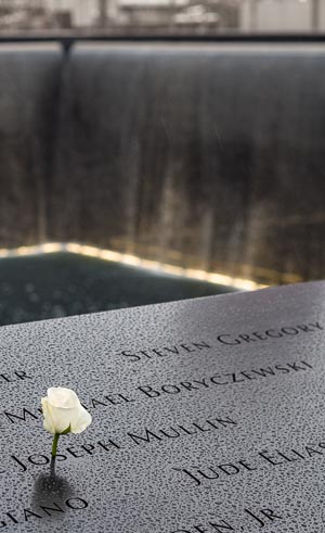 On a rainy day, a single white rose decorates the name of Joseph Mullin at the memorial to the September 11th attack, New York, NY, USA, Dec 2014