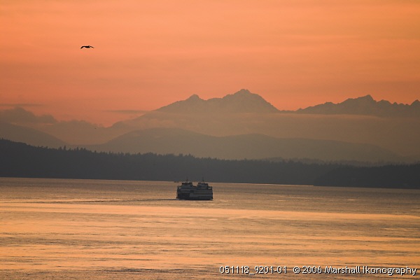<b>Ferry Heading North at Sunset</b> - Seattle waterfront, Washington, USA